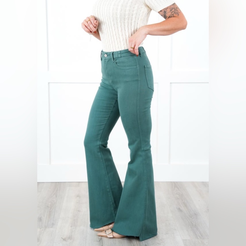 Vervet - Green Wide Leg Flare Jeans with Vintage Raw Hem NWT